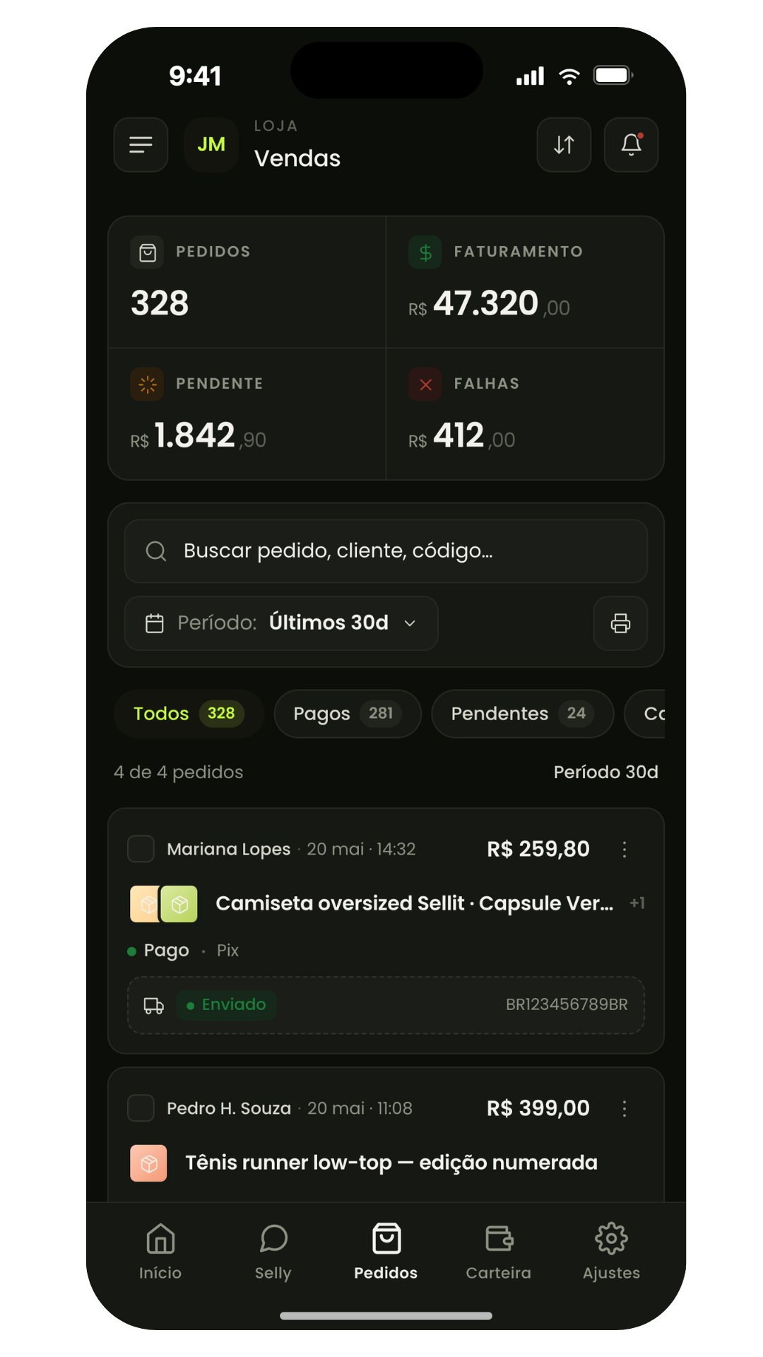 Pedidos e faturamento no app